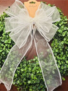 White Pearl-Trim Organza Hair Bow - Women Accessories